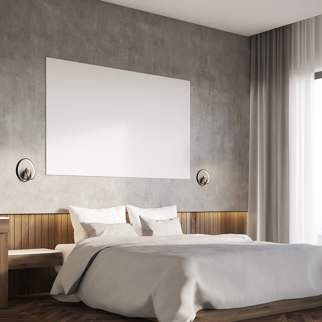 Kinkiety LED MiLAGRO Lucero Black w sypialni za wezgłowiem łóżka - aranżącja