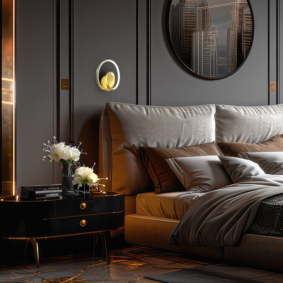 Kinkiet nowoczesny LED MiLAGRO Lucero Gold w sypialni za łóżkiem