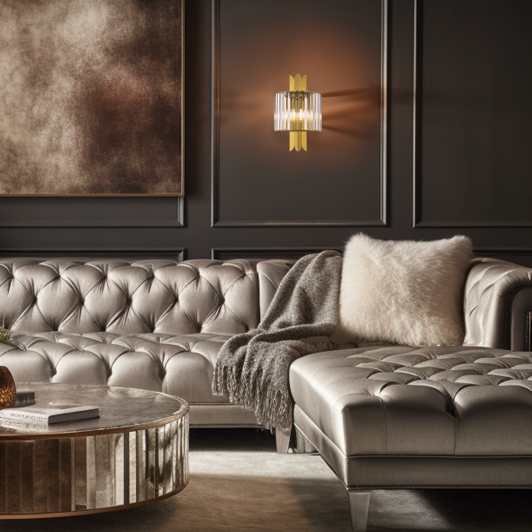 Złoty kinkiet MiLAGRO Margo w salonie - aranżacja