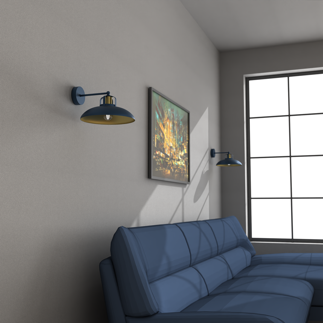 Metalowe kinkiety MiLAGRO Felix Navy Blue/Gold w salonie za kanapą - aranżacja