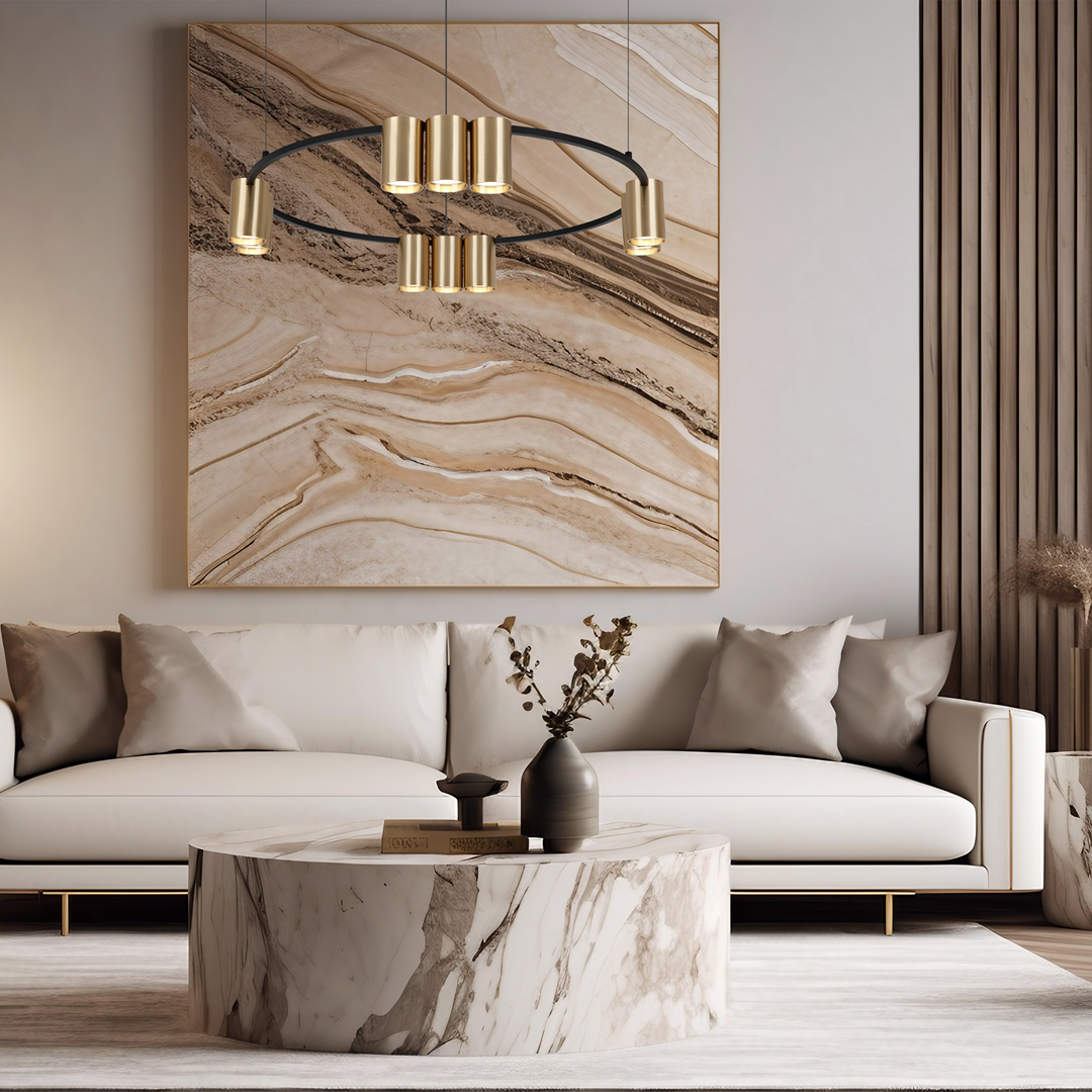 Nowoczesna złota lampa wisząca MiLAGRO Genesis Black/Giold w salonie nad stolikiem - aranżacja