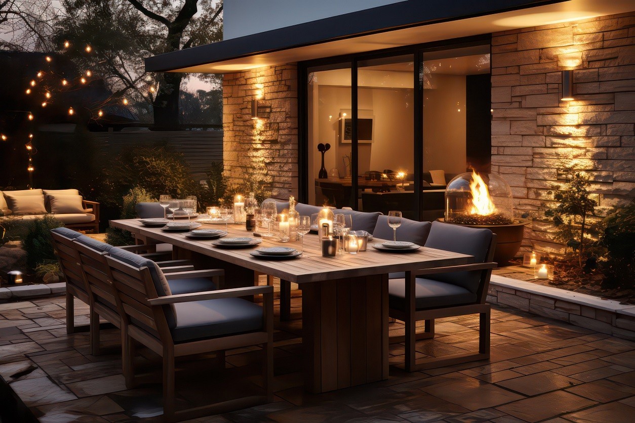 Oświetlony taras wieczorem
