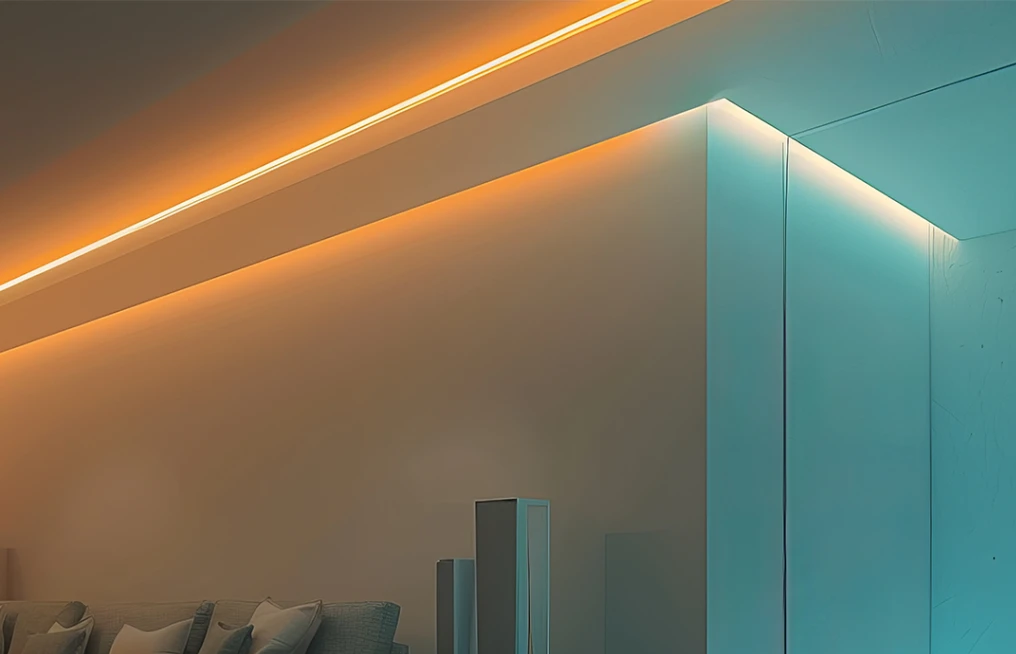 Taśmy LED w salonie z sufitem podwieszanym