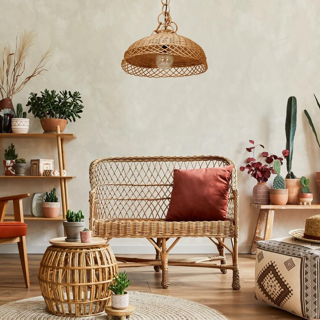 Wiklinowe oświetlenie wiszące w salonie