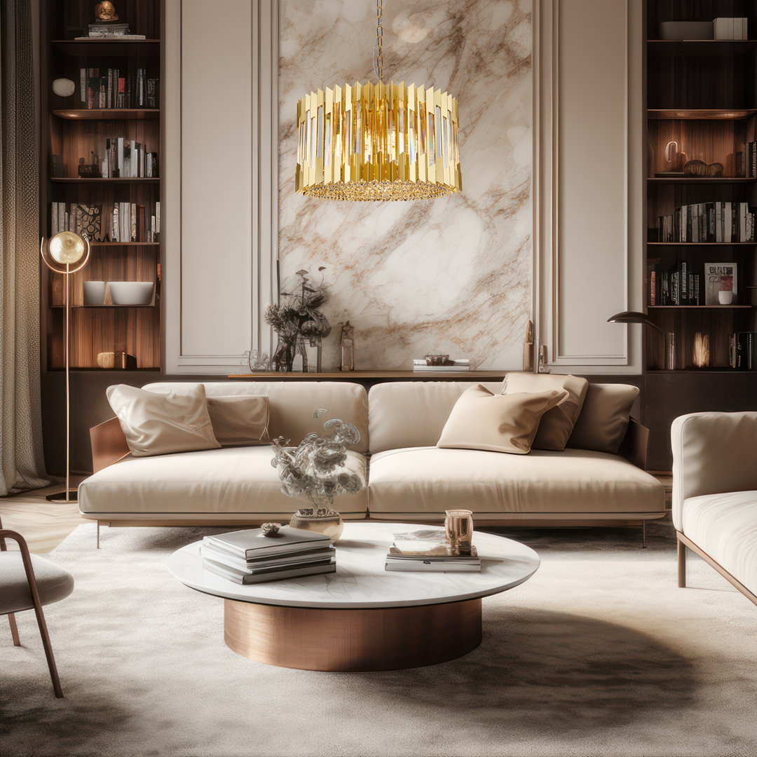 Żyrandol MiLAGRO Ritz Gold w salonie nad stolikiem