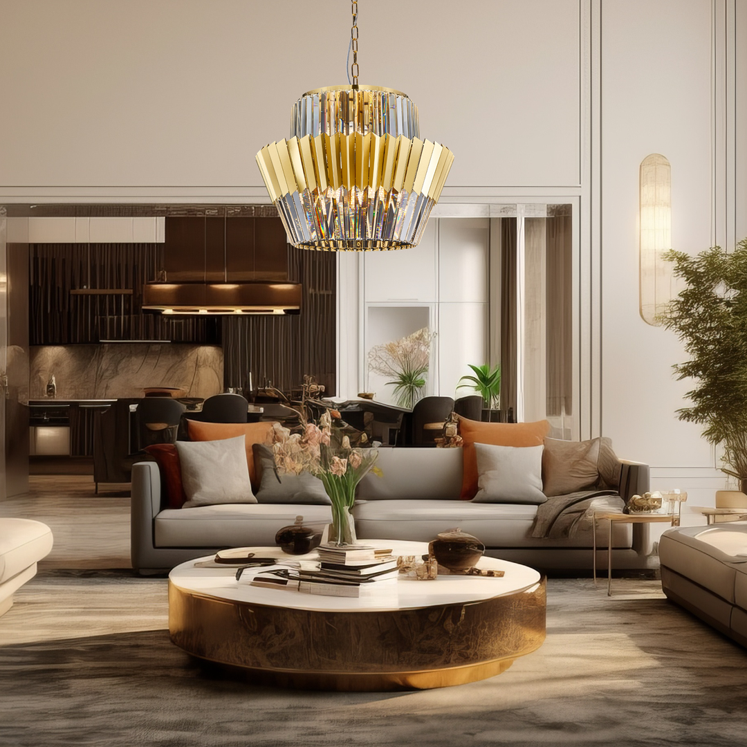 Nowoczesny żyrandol glamour MiLAGRO Donna Gold w salonie nad stolikiem na kawę - aranżacja