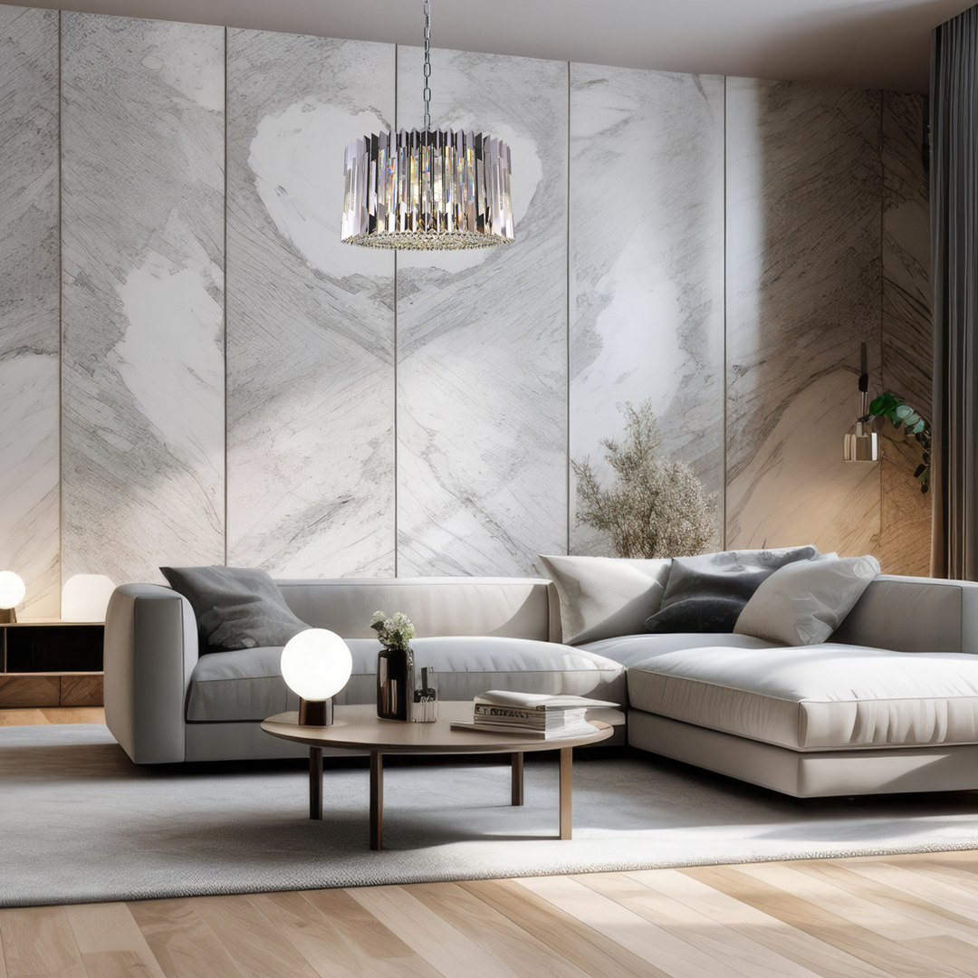 Nowoczesny żyrandol MiLAGRO Ritz Chrome nad stolikiem w salonie - aranżacja