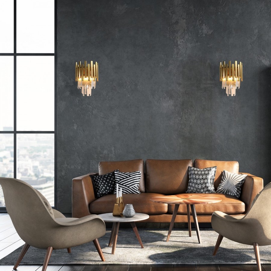 Kinkiety MiLAGRO Aspen Gold 2xE14 na ścianie w salonie
