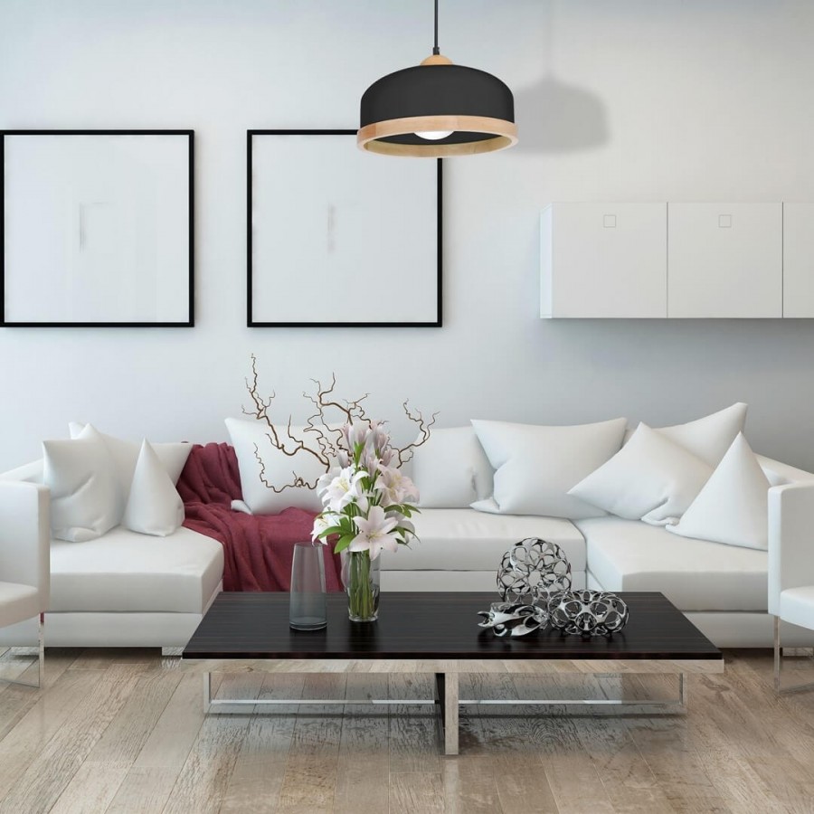 Lampa drewniana wisząca w salonie