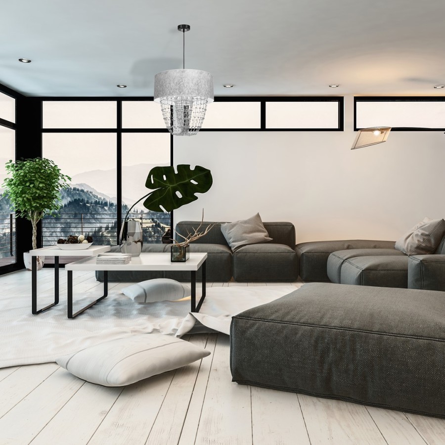 Srebrna lampa glamour w aranżacji salonu