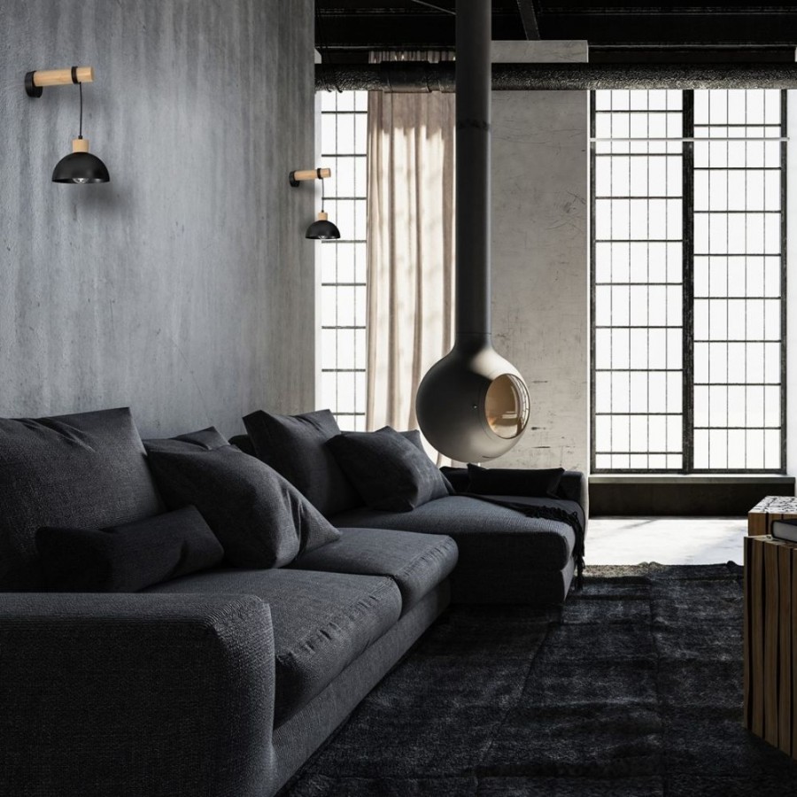 Lampa ścienna Erik Black/Wood w aranżacji salonu